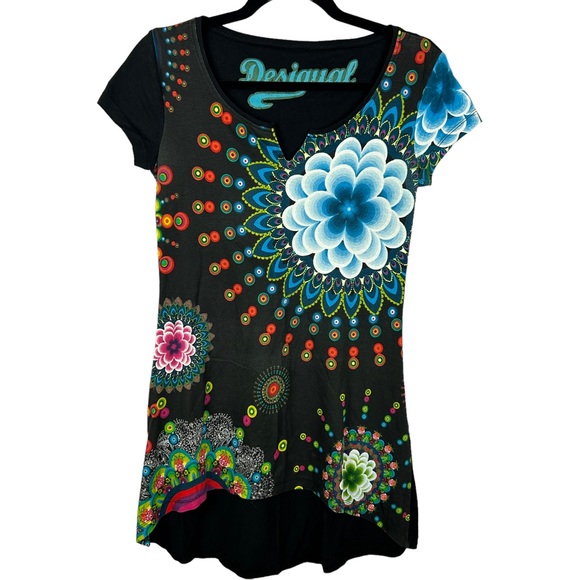 Desigual Tops - Desigual Art to Wear Floral Short Sleeves Tunic Top XS/Small Black